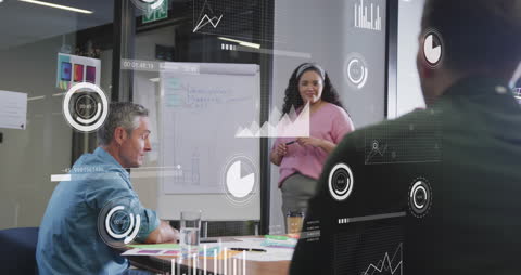 Business Team Analyzing Financial Charts with Augmented Data Graphics