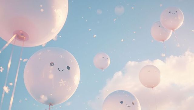 Smiling pale pink balloons floating in pastel sky with confetti and ribbons