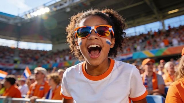 Joyful young fan cheering in stadium with orange-blue sunglasses and face paint