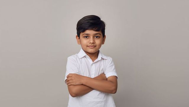 Confident schoolboy standing with arms crossed wearing white collared shirt