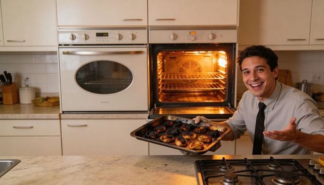 Smiling man in shirt and tie holding charred pastries on tray with open oven light