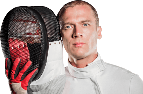 Thoughtful fencer holding transparent mesh helmet