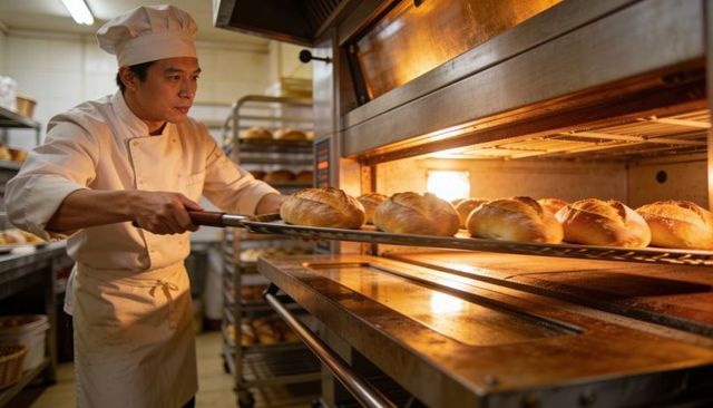 Artisan baker pulling golden loaves from industrial deck oven in warm bakery kitchen
