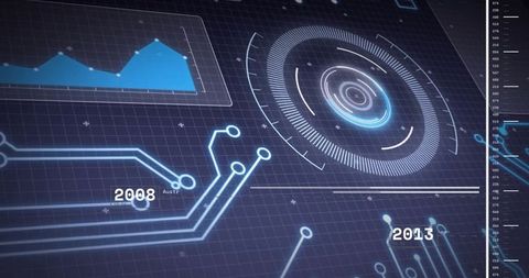 Futuristic hud interface with neon circuits and timeline display
