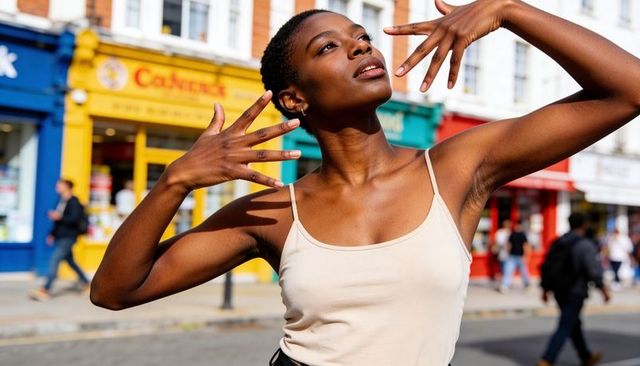 Sunlit black woman posing on colorful high street, expressive hands framing face, urban style