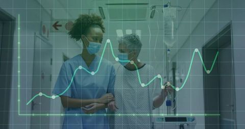 Healthcare Worker Supporting Patient in Hospital Corridor with Data Overlay