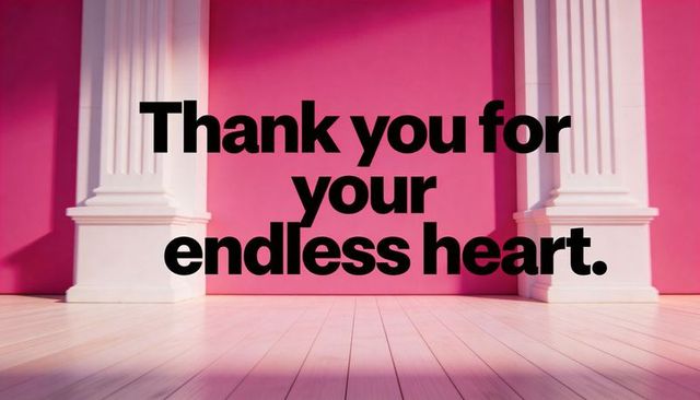 Bold thank you typography on pink wall with classical columns and warm light
