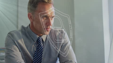 Businessman Analyzing Digital Security With Shield Interface