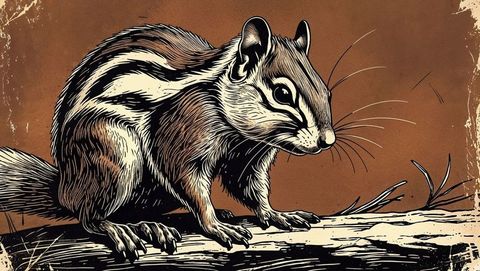 Detailed vintage woodcut of chipmunk on log