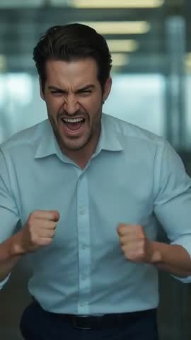 Businessman Running Forward Pumping Fists and Cheering in Office Corridor