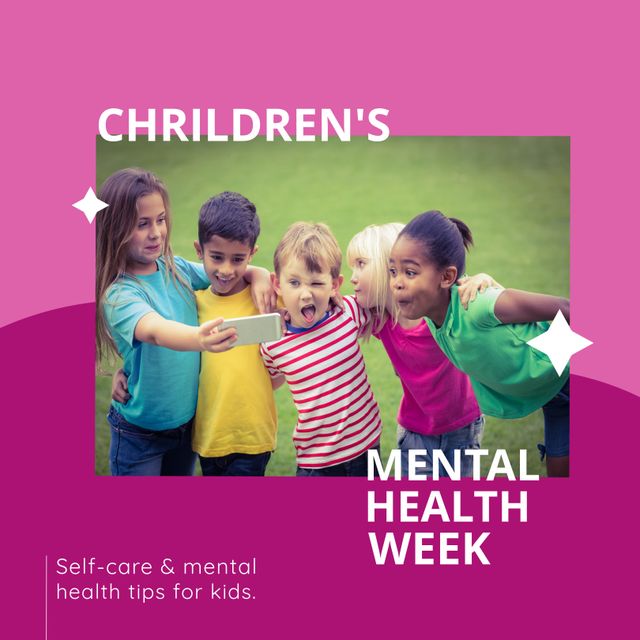 Kids enjoying outdoors taking a selfie together. Great for promoting children's mental health week, self-care tips, positive mental health, and wellness activities for kids. Perfect for schools, healthcare organizations, and mental health support campaigns.