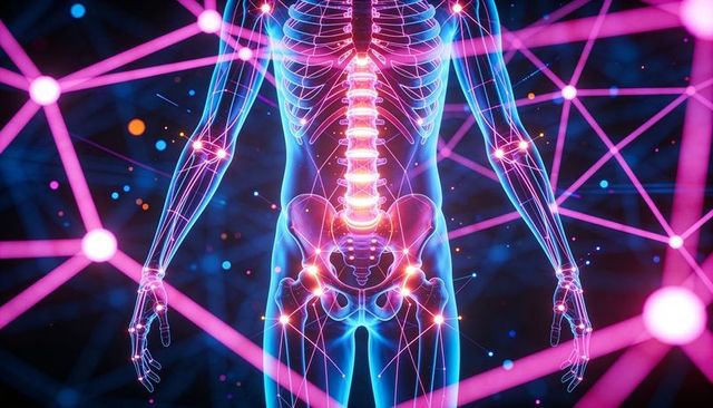 Neon Skeletal Torso Highlighting Spine, Joints and Neural Pathways with Futuristic AI Grid