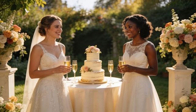 Two brides clinking champagne celebrating outdoor garden wedding cake and floral arches