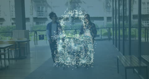 Two Men Walking with Bicycles in Futuristic Digital Interface