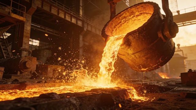 Molten steel pouring from tilted ladle into foundry trench with flying sparks