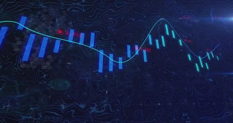 Futuristic neon financial candlestick chart with cyan spline overlay on dark tech grid