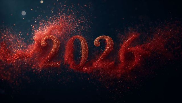 2026 glowing red glitter numerals with cinematic bokeh and particle burst