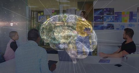 Hologram brain over meeting table illustrates innovative teamwork