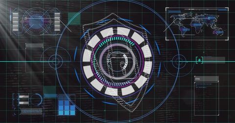 Futuristic HUD Dashboard with Rotating Segmented Rings, Neon Cyan Interface, Global Map