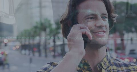 Smiling Man Using Smartphone Overlay with Global Data Visualization - Download Free Stock Images Pikwizard.com