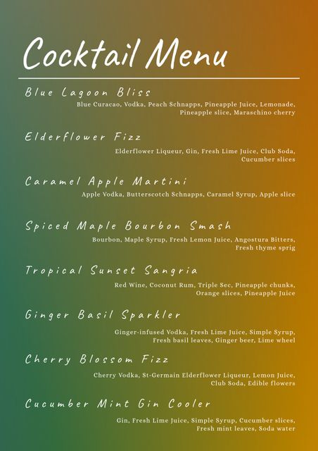 Elegant cocktail menu template featuring diverse selection of drinks such as Blue Lagoon Bliss, Elderflower Fizz, Caramel Apple Martini, Spiced Maple Bourbon Smash, Tropical Sunset Sangria, Ginger Basil Sparkler, Cherry Blossom Fizz, and Cucumber Mint Gin Cooler. Ideal for use in upscale bars, restaurants, private events, dinner parties, and celebrations. Use as a stylish addition to any space where cocktails are served, bringing a touch of sophistication and trendiness.