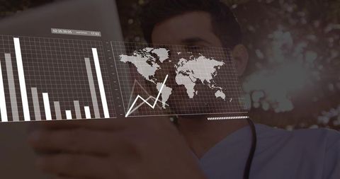 Doctor Analyzing Medical Data on Tablet with Digital Interface Outdoors