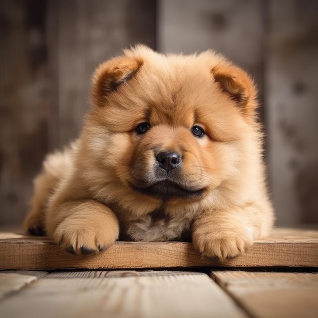A charming photograph of a fluffy Chow Chow puppy lying on a wooden floor. Ideal for use in pet-related advertisements, social media posts, greeting cards, and children's books. Perfect for evoking feelings of warmth, innocence, and companionship.