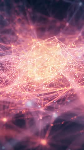 Forming luminous neural network dome with glowing nodes and drifting particle cloud vertical video