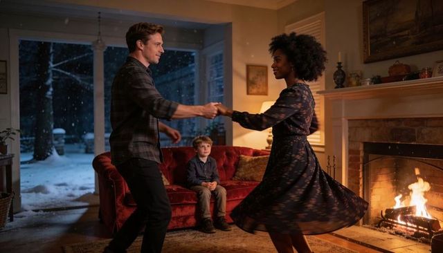 Couple spinning by fireplace on snowy evening while child watches, cozy family moment