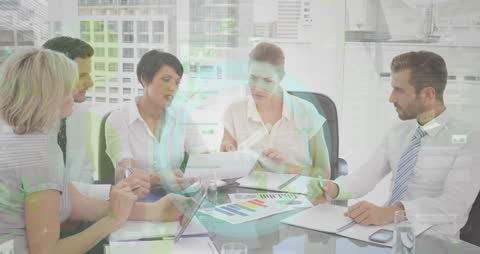 Business Professionals Discussing with Futuristic Clock Overlay