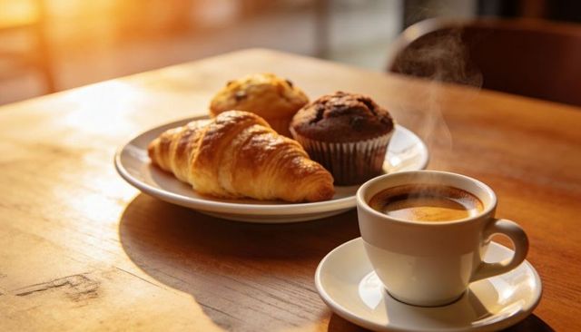 Sunlit steaming espresso cup with croissant and muffins on wooden table for cozy breakfast