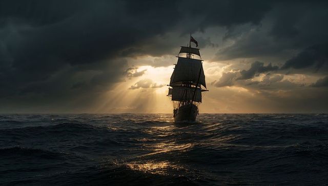 Epic sailing ship navigating stormy seas with sunlit background