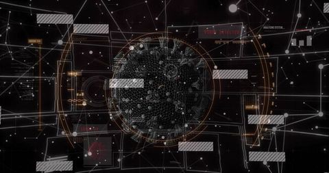 Rotating wireframe virus globe with cyber hud and virus detected alert for cybersecurity