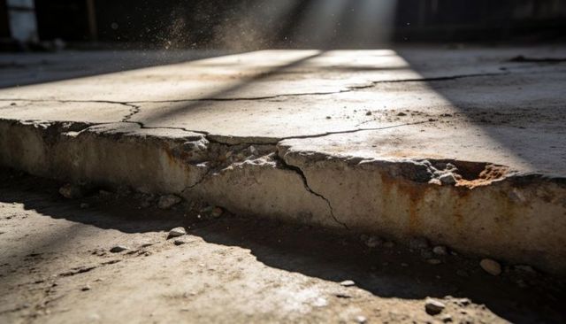 Revealing cracked concrete slab edge with rust stains and dust particles in warehouse