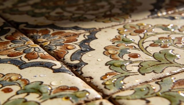 Ornate glazed ceramic tiles with floral motif, water beads and grout macro texture