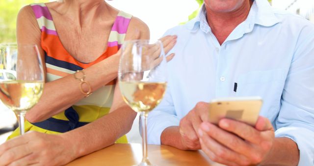 Couple Enjoying Wine Lunch Outdoors at Sunny Cafe - Download Free Stock Images Pikwizard.com