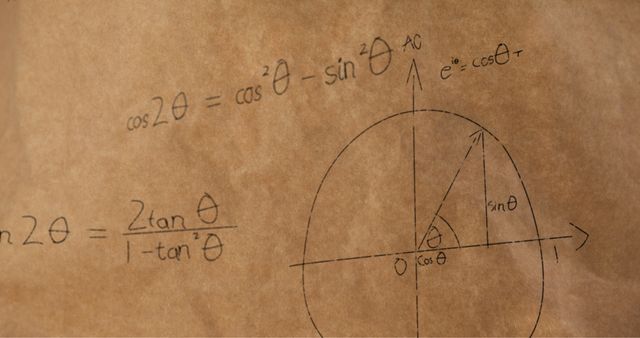 Mathematical formulations with trigonometric functions gracefully sketched on a textured brown background convey educational and analytical themes. Perfect for educational content, school resources, math tutoring materials, and back-to-school promotions. Effective in illustrating complex ideas in a visual format that attracts attentiveness and understanding. Frequently used for wallpapers or backgrounds in educational campaigns and presentations due to its intellectual ambiance.