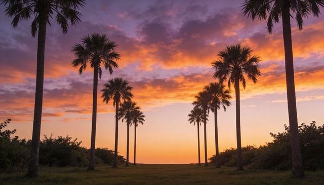 Sunset framing tall palm avenue leading to ocean horizon with vibrant purple and orange clouds