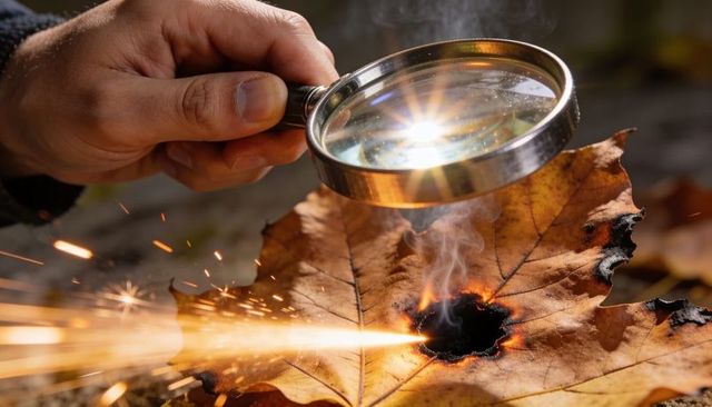 Focusing sunlight through magnifying glass burning dry maple leaf with sparks and smoke