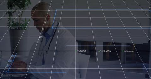 Doctor Typing on Laptop with Digital Data Overlay at Medical Office