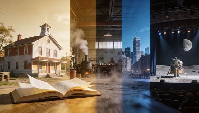 Open book bridging rural home, steam workshop, city skyline and lunar stage narratives