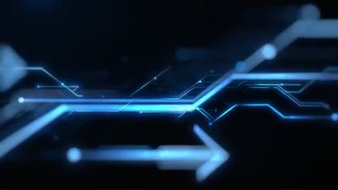 Neon Cyan Data Stream Moving Across Dark HUD Plane with Glowing Arrows and Circuit Lines