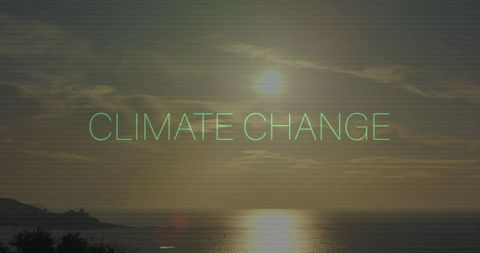 Glowing neon climate change text over sunlit ocean horizon with retro glitch overlay