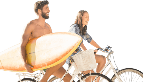 Happy Couple Biking with Surfboard on Transparent Background