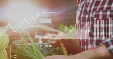 Mature man selecting fresh produce at farmers market with data analytics overlay
