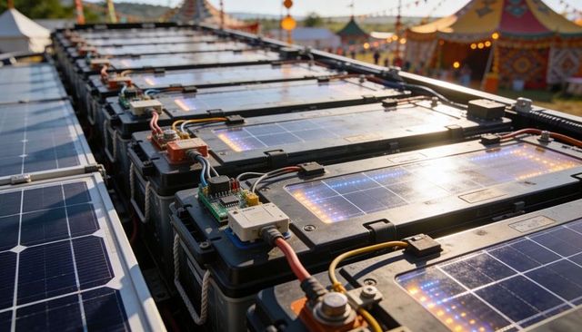 Solar battery rack powering festival lights with led indicators, panels and heavy cabling