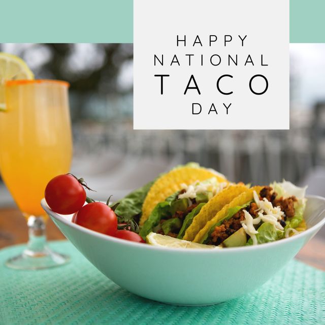Digital composite image of tacos and drink served on table with happy national taco day text. Celebration, holiday, mexican food, promotes consumption of tacos concept.