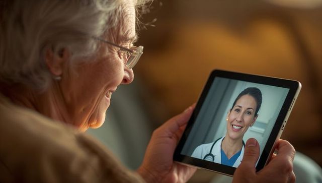 Senior woman having telemedicine video consultation on tablet with smiling female doctor