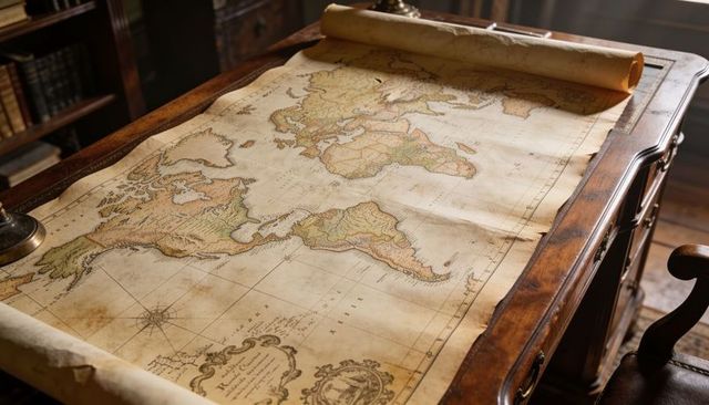 Unrolling antique world map on polished wooden desk with compass rose