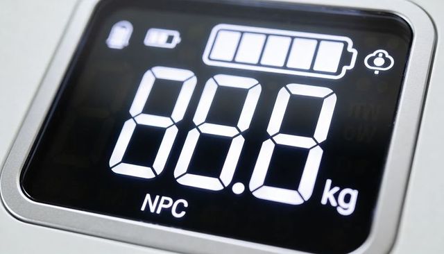 Digital bathroom scale display showing 88.8 kg with battery and user icons, silver bezel